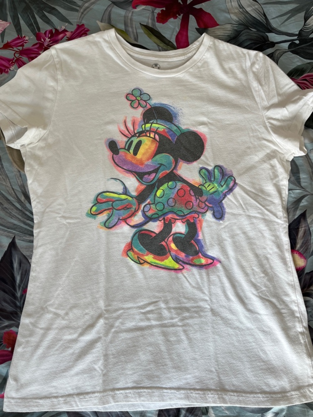 Disney White Tee with Neon Multicolor Minnie Mouse Graphic